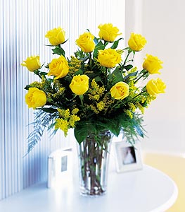 You Are A Blessing - A dozen yellow roses with solidago and myrtle arrive in a classic clear vase<br><br>Code:156-6895-156-0000096084